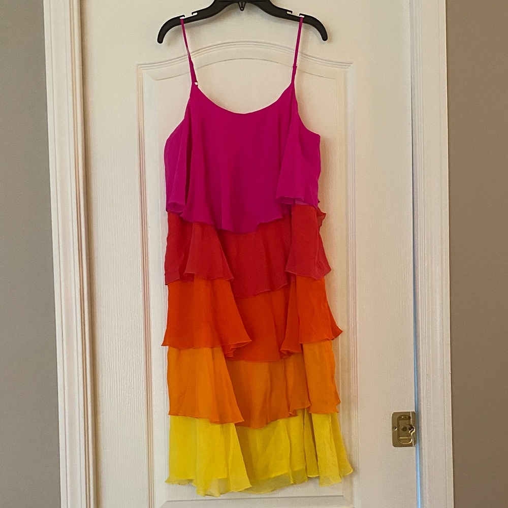NWT Trina Turk Tiered Ruffle Spaghetti Strap Dress in Pink, Red, Orange, Yellow